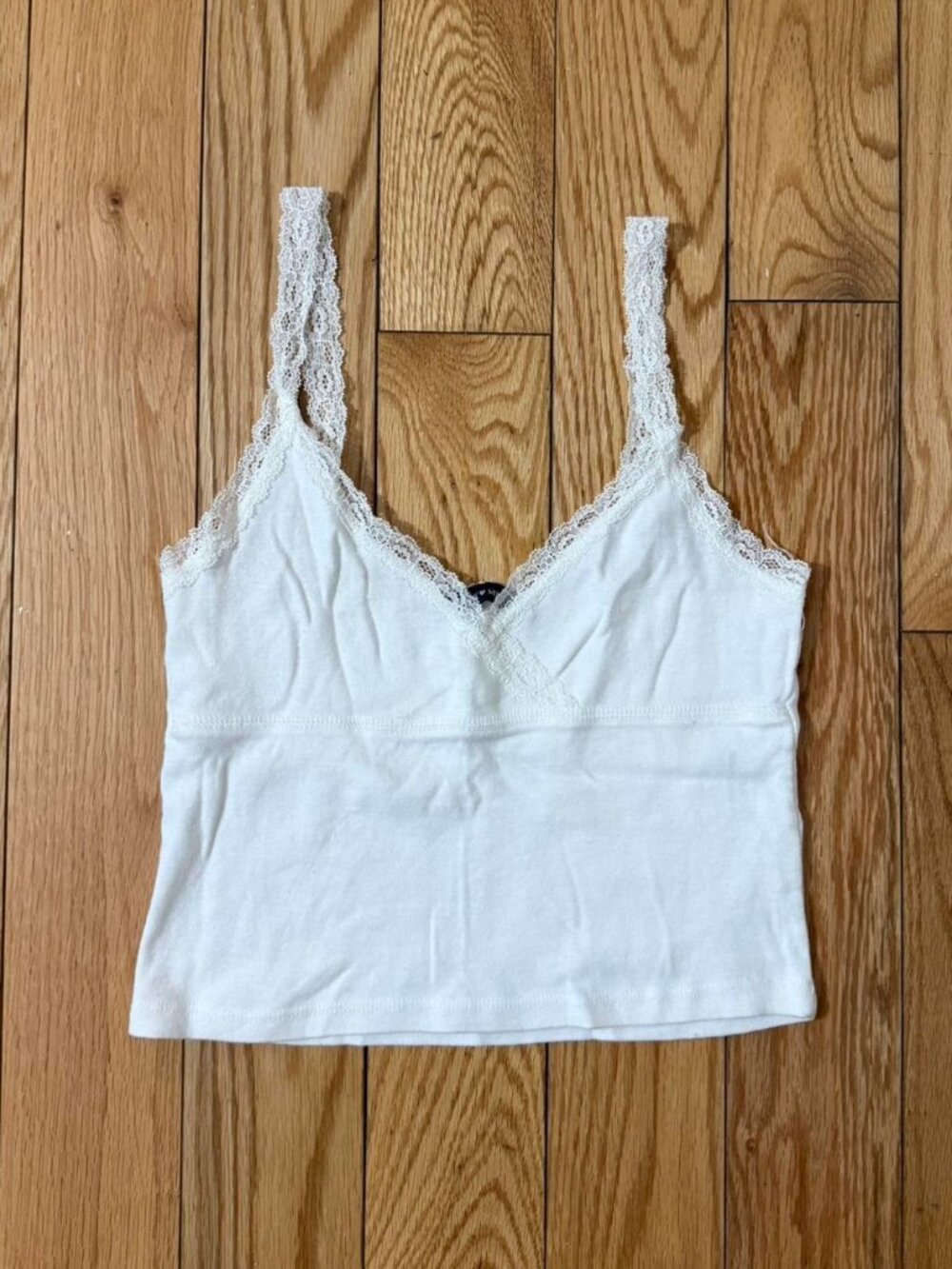 Brandy Melville Women's White Tank Top Cami Amara Lace Trim Straps V Neck Cotton